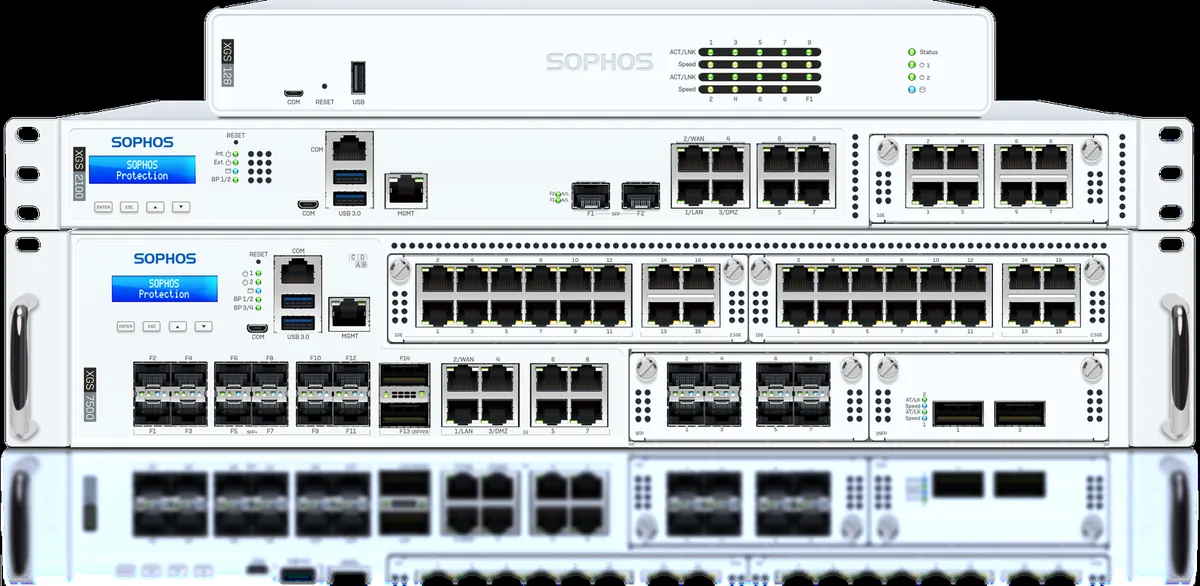 Appliances Sophos Firewall XGS: modelo de sobremesa XGS 128, rack 1U XGS 2100 y rack 2U XGS 7500